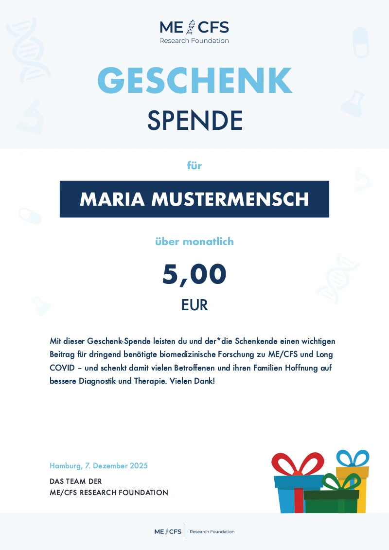 Muster einer Geschenkspende-Urkunde der ME/CFS Research Foundation